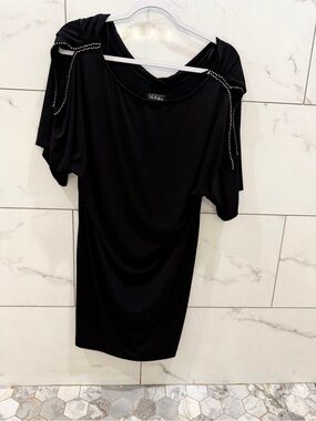 S.L. Fashions Black cold shoulder dress with rhinestones Sz 14